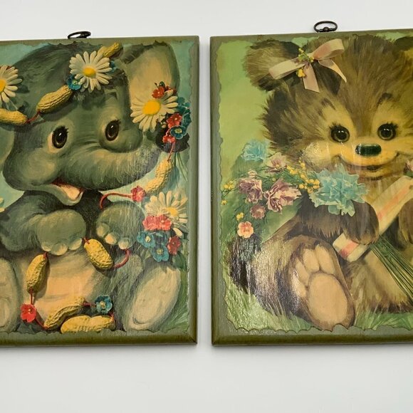 Set of 2 ~ 60's Kitsch Nursery Art Handmade Decoupage on Wood Wall Hangings 15" - Picture 9 of 10